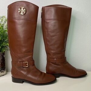 Tory Burch Adeline Almond Leather Gold Logo Buckle Knee High Riding Boots Size 8